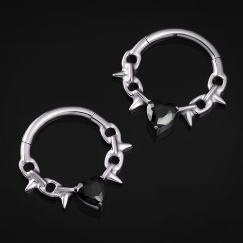 Septum Clicker, Silver Spiked Chain, Black Jewelled Heart, ASTM F136 Titanium