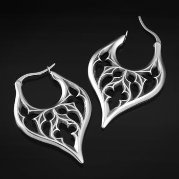 Huggie Hoop Earrings, Silver, Dangle Sword with Black Gem, Steel - Pair