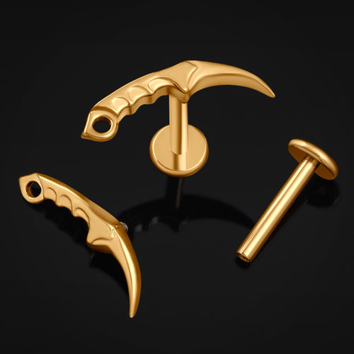 Labret Stud, Gold, Curved Dagger, Internally Threaded, Titanium, 1.2mm Gauge