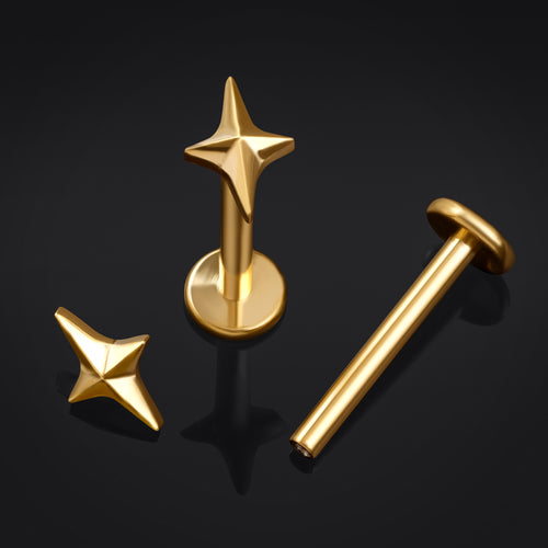 Labret Stud, Gold, Four Pointed Star, Internal Thread, Titanium, 1.2mm