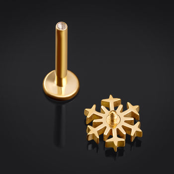 Labret Stud, Gold, Snowflake Top, Internal Thread, Titanium, 1.2mm