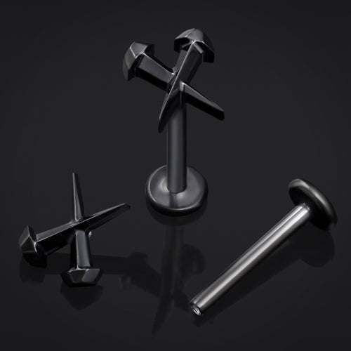 Labret Stud, Black, Coffin Nails, Internally Threaded, Titanium, 1.2mm Gauge