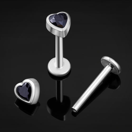 Labret Stud, Silver, Black Heart CZ Stone, Internal Thread, Titanium, 1.2mm