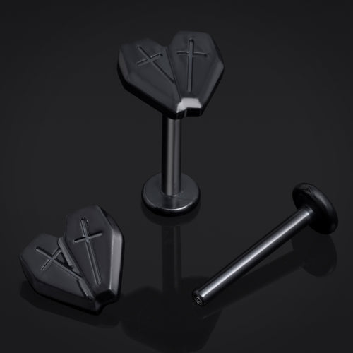 Black, Crossed Coffin Heart, Internally Threaded, Labret Stud, ASTM F136 Titanium, 1.2mm