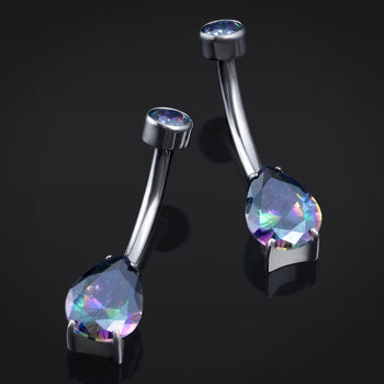 Belly Button Piercing, Silver, Rainbow CZ Teardrop Stone, Internal Thread, Titanium