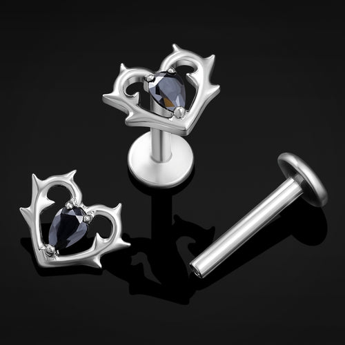 Labret Stud, Black, Thorn Heart with Jewel, Internally Threaded, Titanium, 1.2mm Gauge