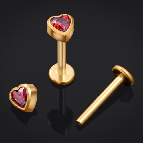 Labret Stud, Gold, Red Heart CZ Stone, Internal Thread, Titanium, 1.2mm