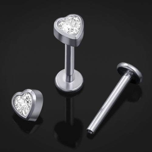Labret Stud, Silver, Clear Heart CZ Stone, Internal Thread, Titanium, 1.2mm