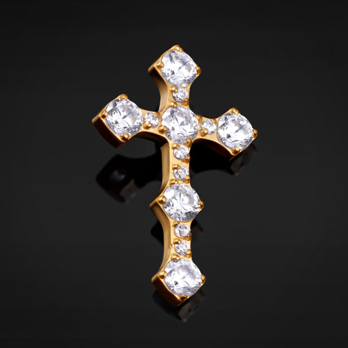 Labret Top, Gold, Clear Jewelled Cross, Internal Thread, Titanium