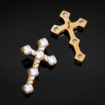 Labret Top, Gold, Clear Jewelled Cross, Internal Thread, Titanium