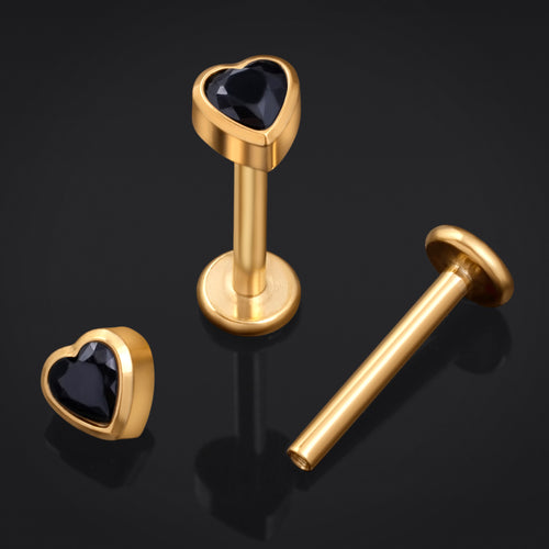 Labret Stud, Gold, Black Heart CZ Stone, Internal Thread, Titanium, 1.2mm