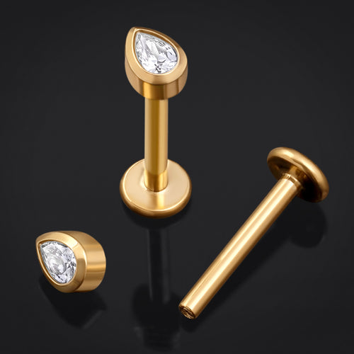 Labret Stud, Gold, Clear Teardrop CZ Stone, Internal Thread, Titanium, 1.2mm