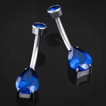 Belly Button Piercing, Silver, Dark Blue CZ Teardrop Stone, Internal Thread, Titanium