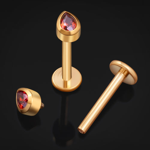 Labret Stud, Gold, Teardrop Red CZ Stone, Titanium, Internal Thread, 1.2mm Gauge