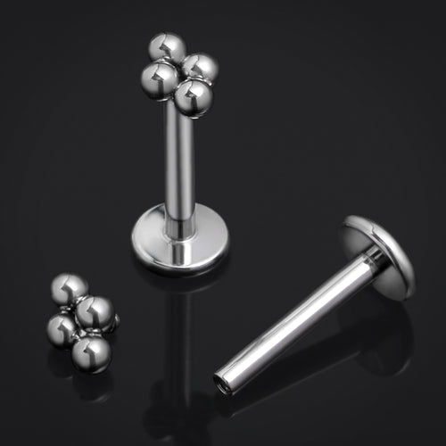 Silver, Four Bead Cluster, Internally Threaded, Labret Stud, Titanium
