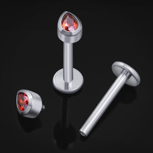 Labret Stud, Silver, Red Teardrop CZ Stone, Internal Thread, Titanium, 1.2mm
