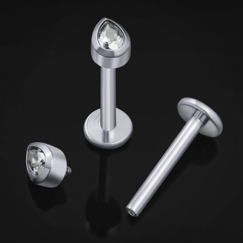Labret Stud, Silver, Teardrop CZ Stone, Internal Thread, Titanium, 1.2mm