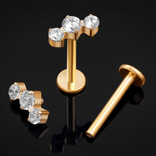 Labret Stud, Gold, Triple CZ Stone Cluster, Internally Threaded, Titanium