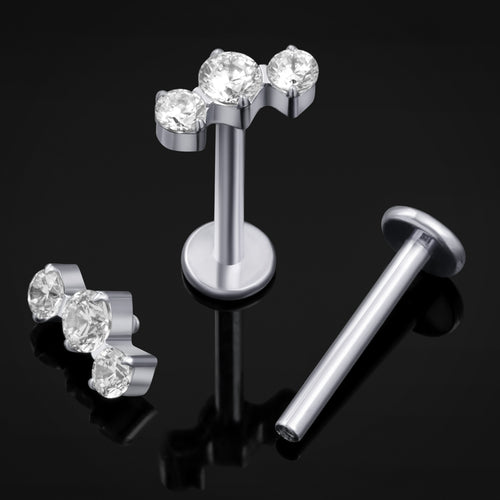 Labret Stud, Silver, Triple CZ Stone Cluster, Internally Threaded, Titanium