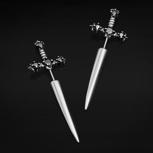 Silver Sword Earrings with Black Gems, Stainless Steel - Pair