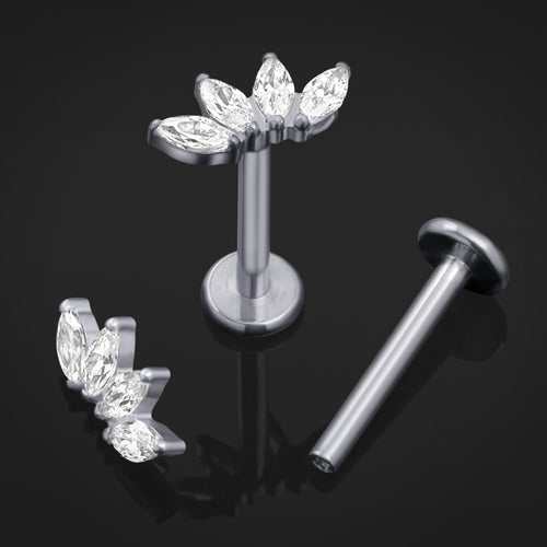 Labret Stud, Silver, Half Flower Clear CZ Stone, Titanium, Internal Thread, 1.2mm Gauge