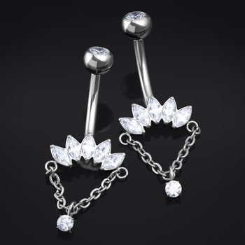 Belly Button Piercing, Silver Jewelled Half Flower, Internal Thread, Titanium