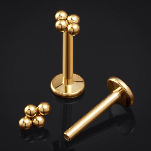 Gold, Four Bead Cluster, Internally Threaded, Labret Stud, Titanium
