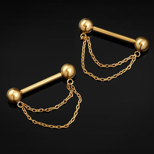 Nipple Barbell, Gold, Double Chain, Titanium, Threadless, 1.6mm