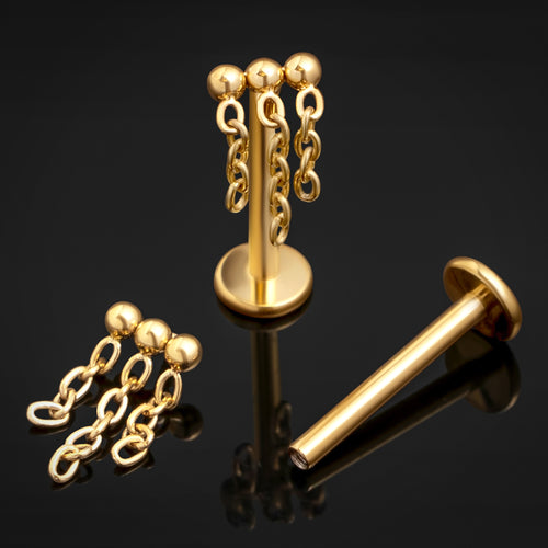 Gold, Triple Chain Dangle, Internally Threaded, Labret Stud, ASTM F136 Titanium