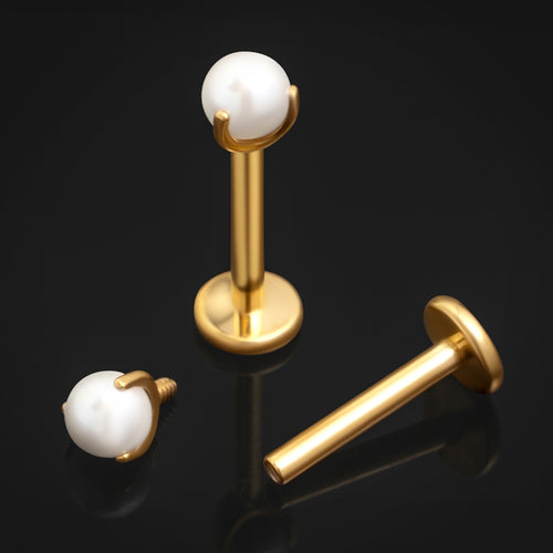 Gold, Claw Set Pearl, Internally Threaded, Labret Stud, Titanium