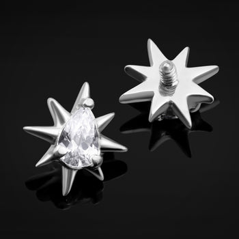 Labret Top, Silver, Jewelled 8 Point Star, Internally Threaded, Titanium