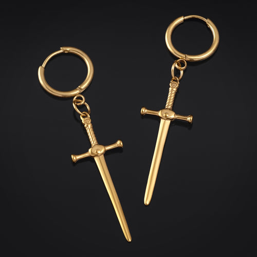 Hoop Earrings, Gold, Sword, Stainless Steel - Pair