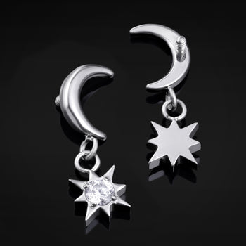 Dangle Labret Top, Silver, Star & Moon, Internal Thread, Titanium