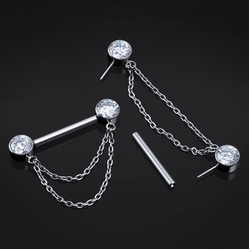 Silver, Titanium, Threadless, Chain Dangle Jewelled Nipple Bar 1.6mm