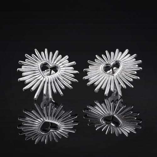 Stud Earrings, Silver, Sunburst Heart, 316L Stainless Steel - Pair