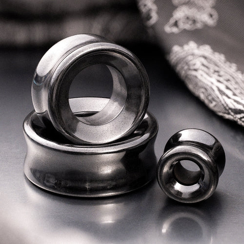 Concave Hematite Stone Double Flared Ear Tunnel / Plug / Gauge
