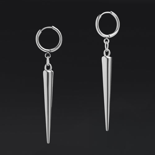 Huggie Hoop Earrings, Silver Spike, Stainless Steel - Pair