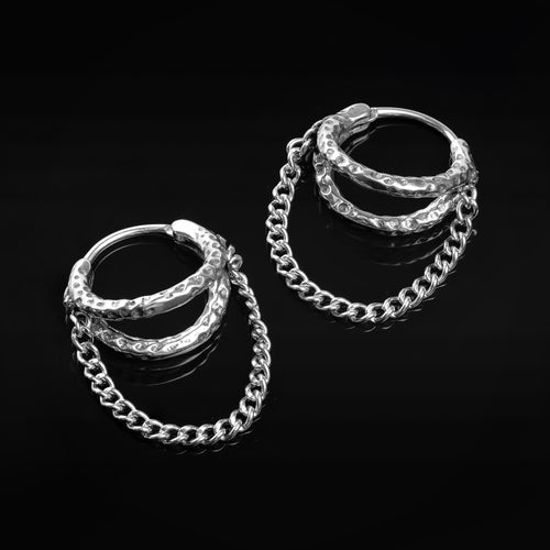 Huggie Hoop Earrings, Silver, Double Hoop with Chain, Hammered Steel - Pair