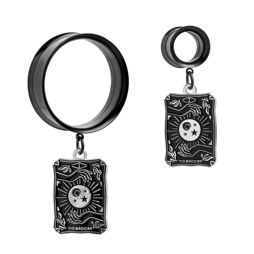 Black Steel I The Magician Charm Double Flare Dangle Ear Tunnel / Plug / Gauge