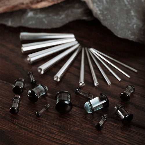 Beginner Ear Stretching Kit, Surgical Steel Taper & Clear Black Glass Plug / Gauge - 22 Piece