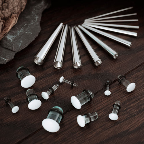 Beginner Ear Stretching Kit, Surgical Steel Taper & Clear White Glass Plug / Gauge - 22 Piece