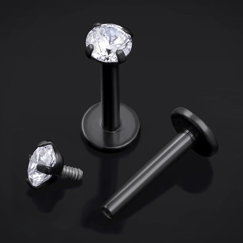 Labret Stud, Black, Clear Gem, Internal Thread, Titanium, 1.2mm
