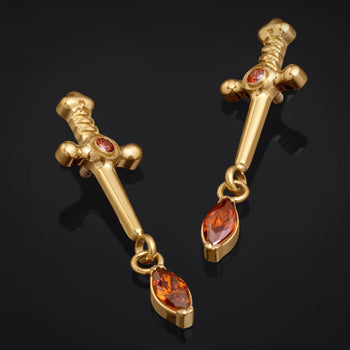 Labret Top, Gold, Sword Dangle with Red Jewel, Internally Threaded, Titanium