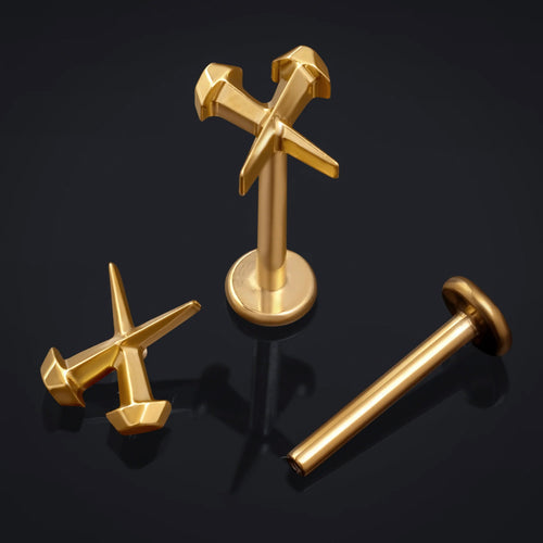 Labret Stud, Gold, Coffin Nails, Internally Threaded, Titanium, 1.2mm Gauge
