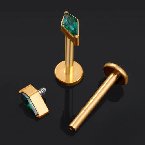 Labret Stud, Gold, Rhombus Cut with Green CZ Stone, Internally Threaded, Titanium, 1.2mm Gauge