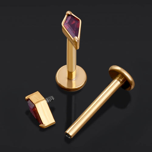 Labret Stud, Gold, Rhombus Cut with Red CZ Stone, Internally Threaded, Titanium, 1.2mm Gauge