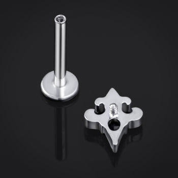 Labret Stud, Silver, Black Jewelled Fleur De Lis Lilly, Internally Threaded, Titanium, 1.2mm Gauge