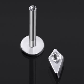 Labret Stud, Silver, Rhombus Cut with Green CZ Stone, Internally Threaded, Titanium, 1.2mm Gauge