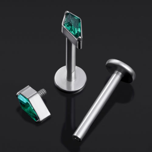 Labret Stud, Silver, Rhombus Cut with Green CZ Stone, Internally Threaded, Titanium, 1.2mm Gauge
