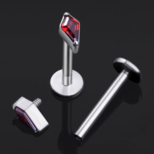Labret Stud, Silver, Rhombus Cut with Red CZ Stone, Internally Threaded, Titanium, 1.2mm Gauge